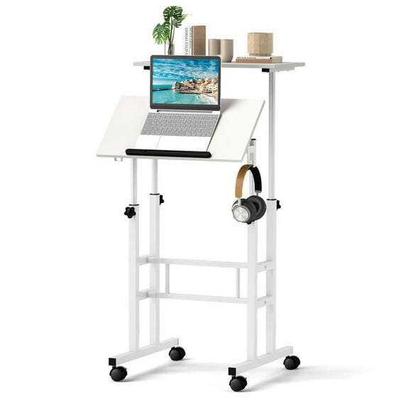 Canddidliike Mobile Standing Desk Height-Adjustable Laptop Cart, Cart with Split Top and Hanging Hooks, White