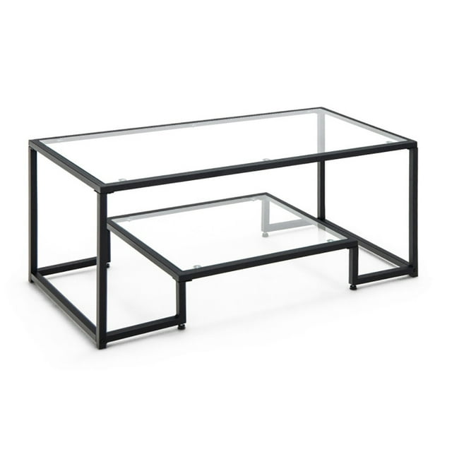 Canddidliike Modern 2-Tier Rectangular Coffee Table with Glass Table Top-Black, Dining Coffee Table for Living Room and Office