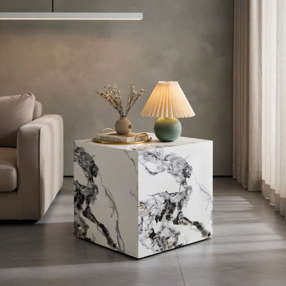Canddidliike Modern White MDF Cube Coffee Table with Textured Sticker Design, 15.75" Square Accent Table for Living Room