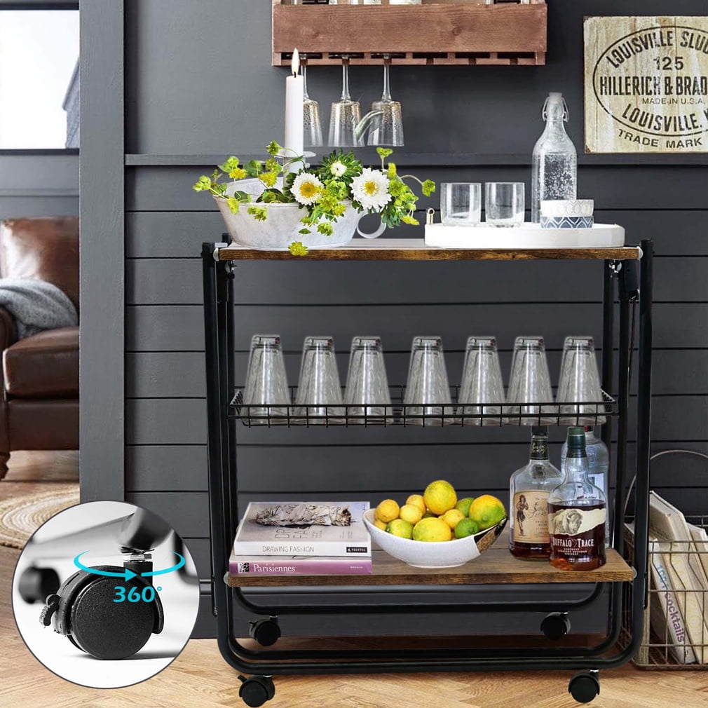 Canddidliike Multipurpose Rolling Cart, 2-Tier Wooden Folding Kitchen Cart Serving Cart with Shelf, Utility Bar Cart on Wheels with Storage, Natural Canddidliike Multipurpose Rolling Cart, 2-Tier Wooden Folding Kitchen Cart Serving Cart with Shelf, Utility Bar Cart on Wheels with Storage, Natural
