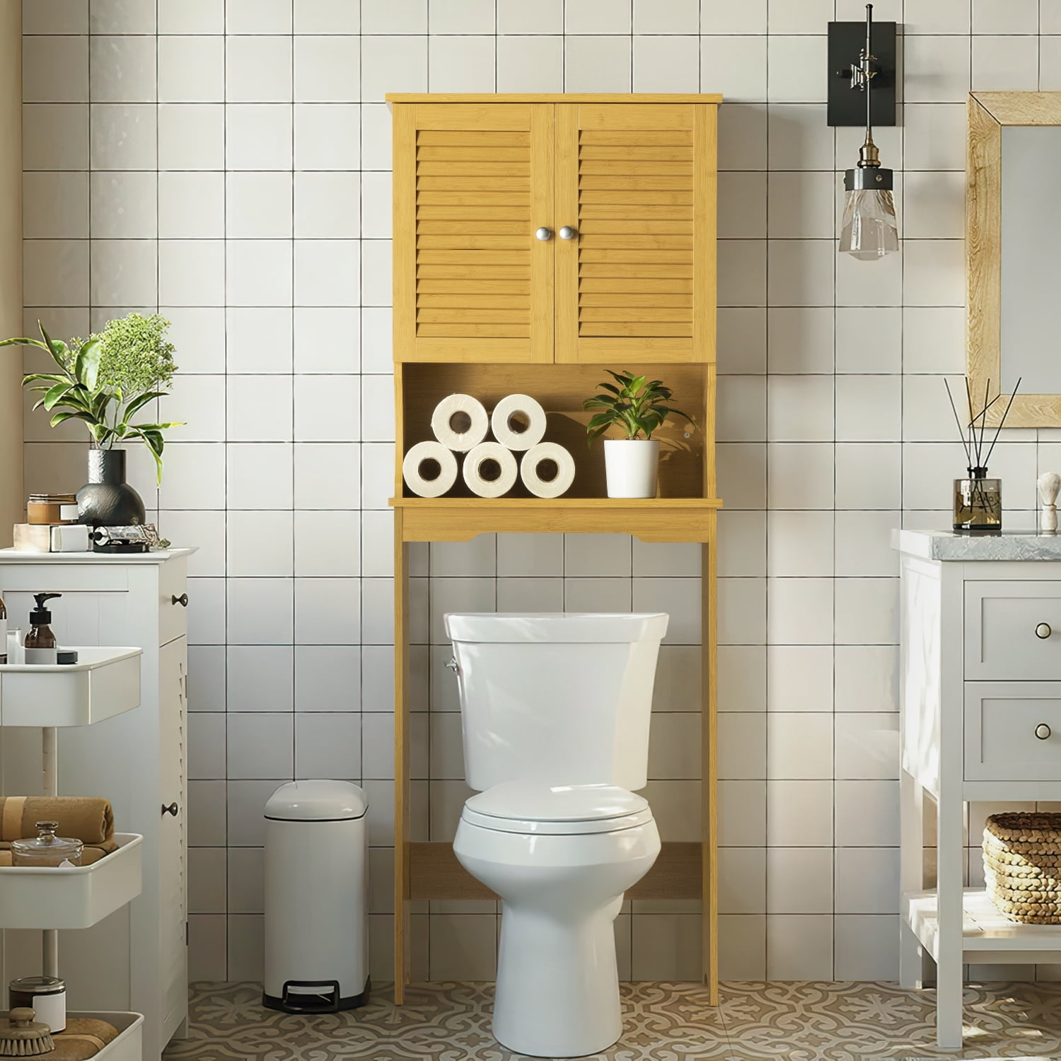 Five Simply Smart Bamboo Bathrm Sliding Mirror Bathroom Storage