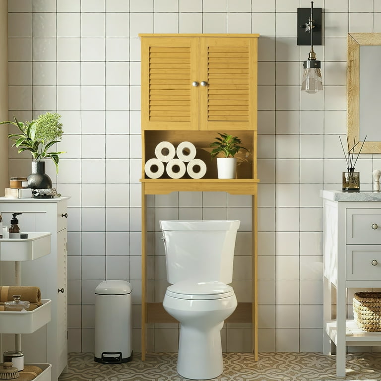  Giantex Over The Toilet Storage Cabinet with 2 Doors and  Adjustable Shelves, Space-Saving Rack Bathroom Shelf with Paper Holder,  Freestanding Bathroom Storage Over The Toilet for Small Space, White : Home