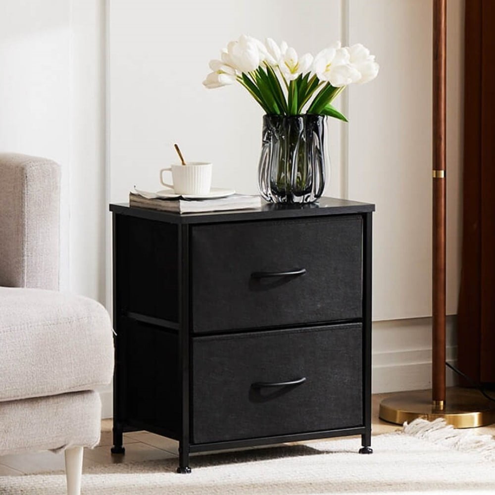Black Steel Frame Nightstand with Fabric Drawers