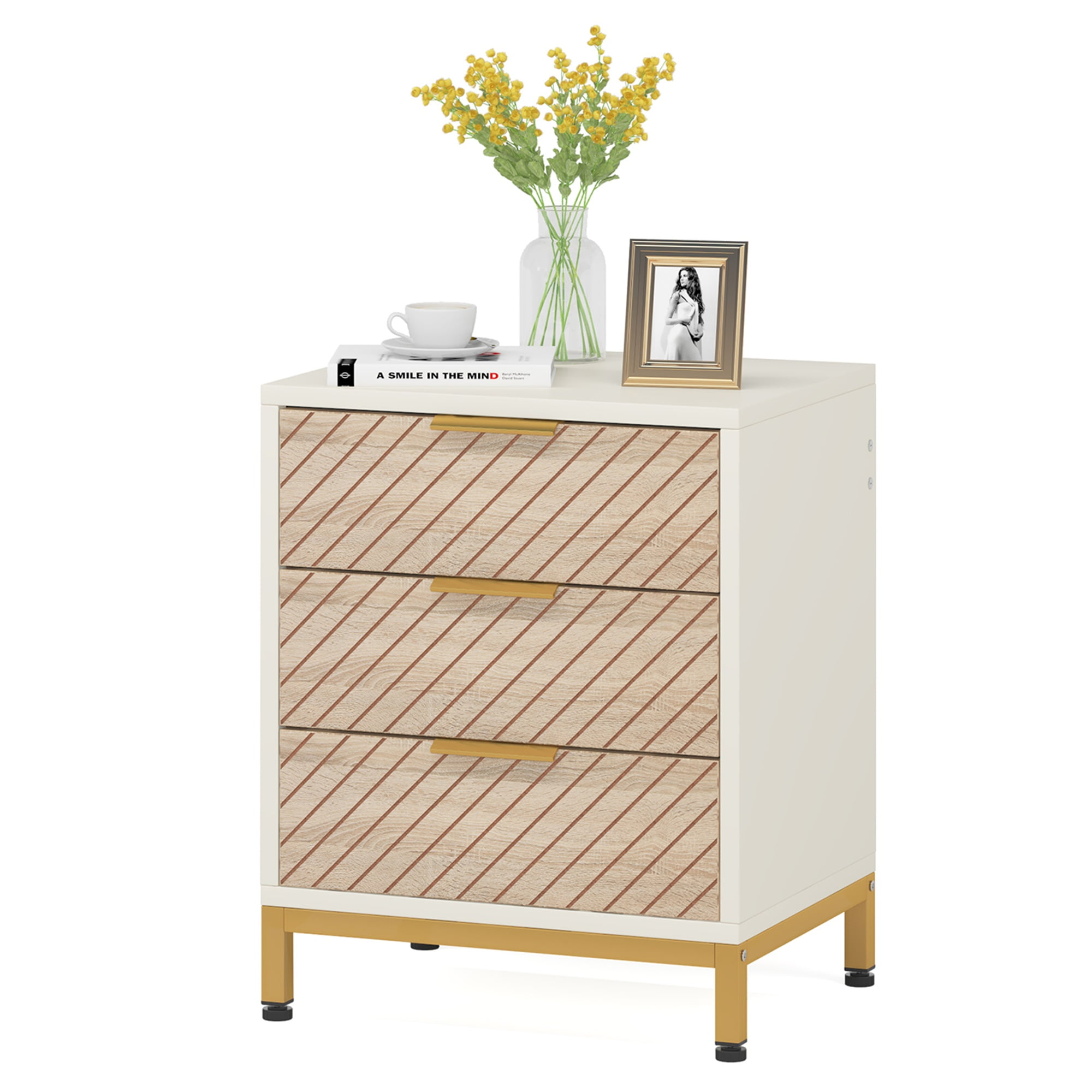 Canddidliike Night Stands for Bedrooms, White and Gold Light Wood Grain ...