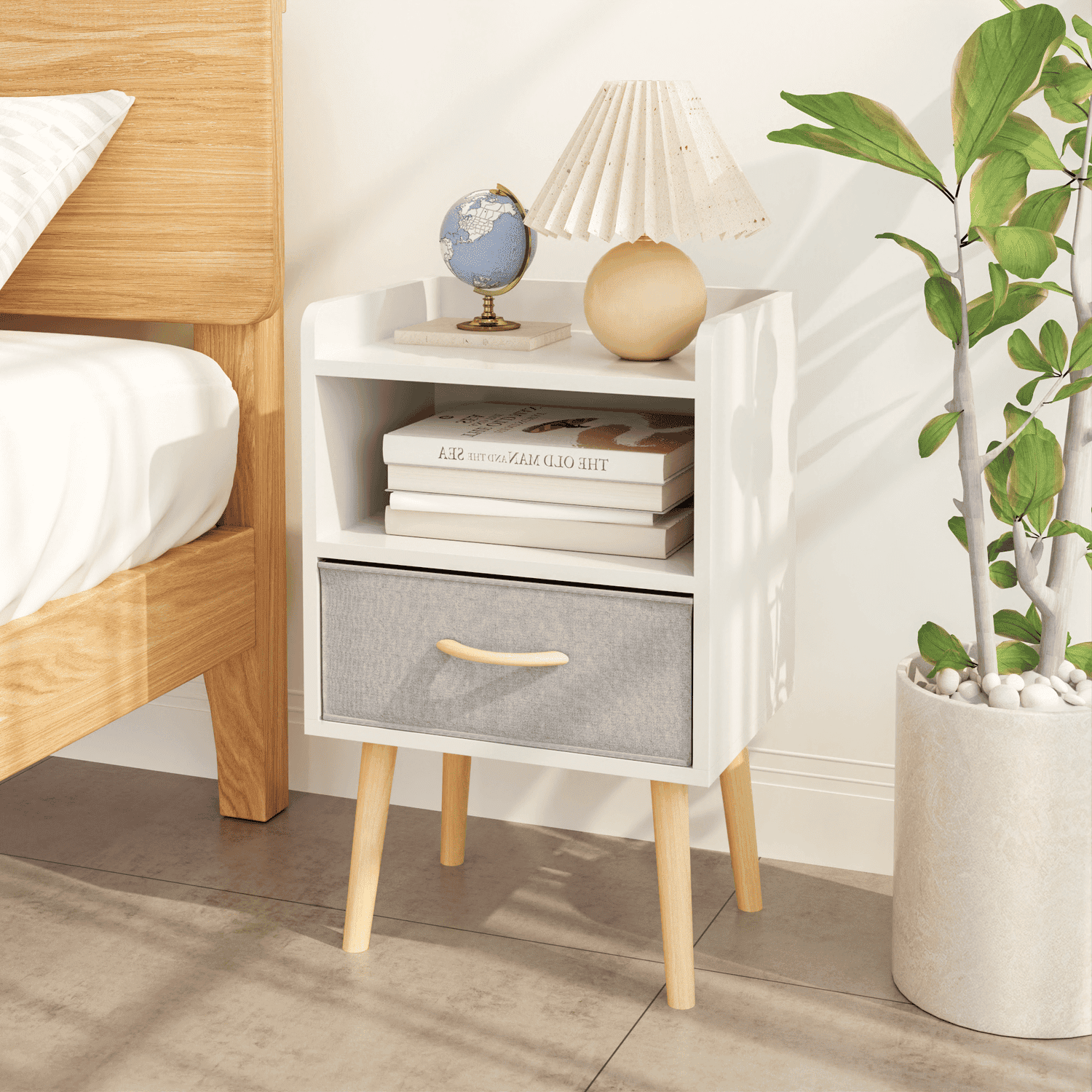 Canddidliike Nightstand With Collapsible Fabric Drawer, 2-Tier Storage End Table, Wood Side Table with Storage Cabinet for Bedroom, Living Room - White Canddidliike Nightstand With Collapsible Fabric Drawer, 2-Tier Storage End Table, Wood Side Table with Storage Cabinet for Bedroom, Living Room - White