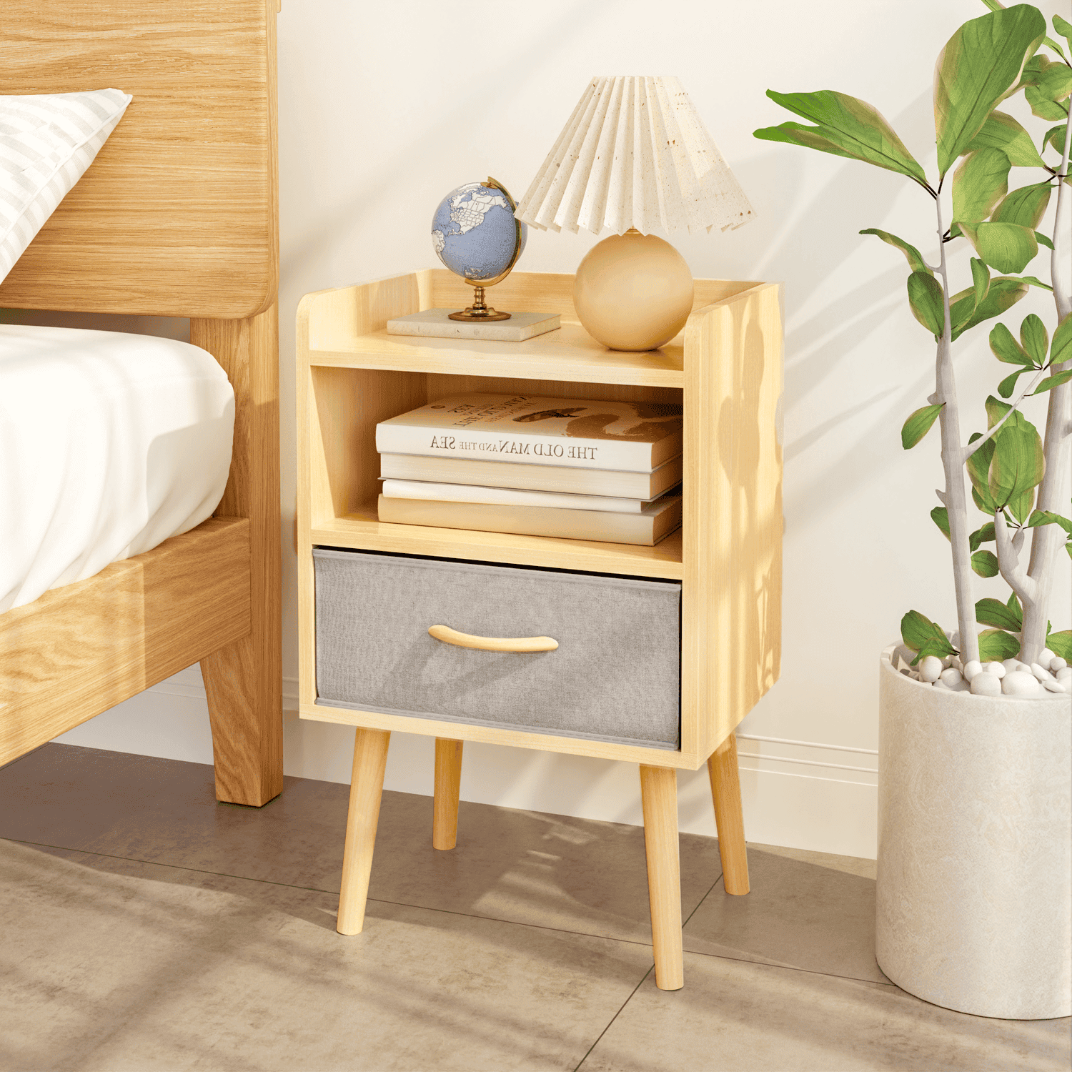 Canddidliike Nightstand With Collapsible Fabric Drawer, 2-Tier Storage End Table, Wood Side Table with Storage Cabinet for Bedroom, Living Room - Oak Canddidliike Nightstand With Collapsible Fabric Drawer, 2-Tier Storage End Table, Wood Side Table with Storage Cabinet for Bedroom, Living Room - Oak