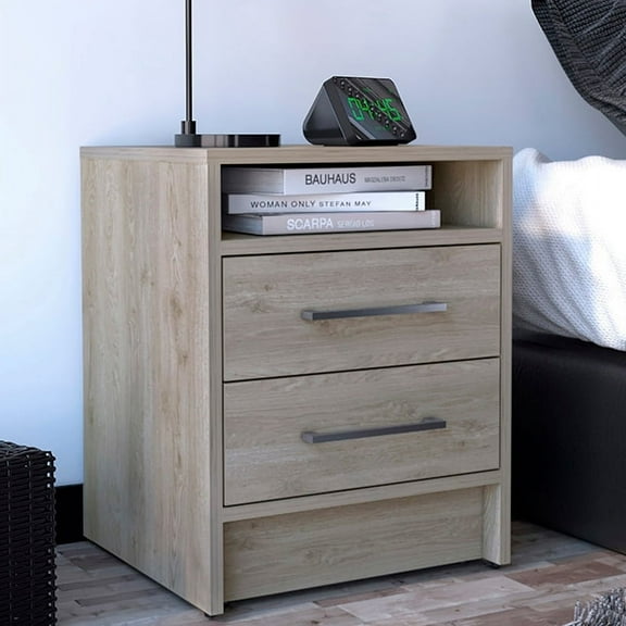 Canddidliike Nightstand with 2 Drawers, Open Wood Shelf Side Table for Bedroom/Living, Light Gray