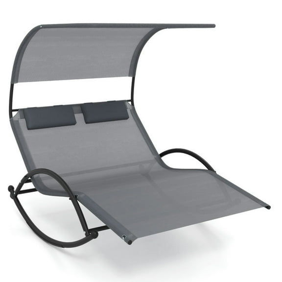 Canddidliike Outdoor Double Rocking Chaise Lounge with Detachable Headrests, Dual Rocker Sunbed 2-Person Canopied Patio Lounger, Rocking Chaise Lounge for Outdoor, Gray