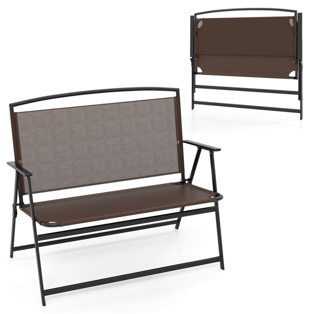 Brown Metal Foldable 2-Person Outdoor Garden Bench with Backrest and Armrests