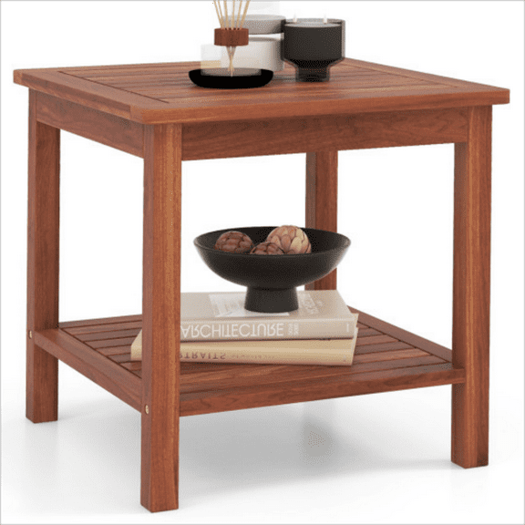 Canddidliike Outdoor Patio Acacia Wood Garden Side Table with Storage Shelf - 18x18 Inch, Natural