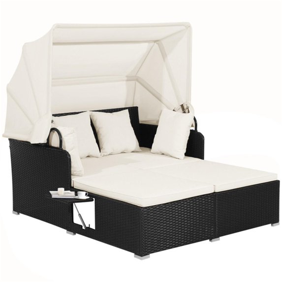 Canddidliike Outdoor Patio Rattan Wicker Daybed Sectional Conversation Lounger Set with Retractable Canopy, Foldable Side Table, Beige Resistant Cushions