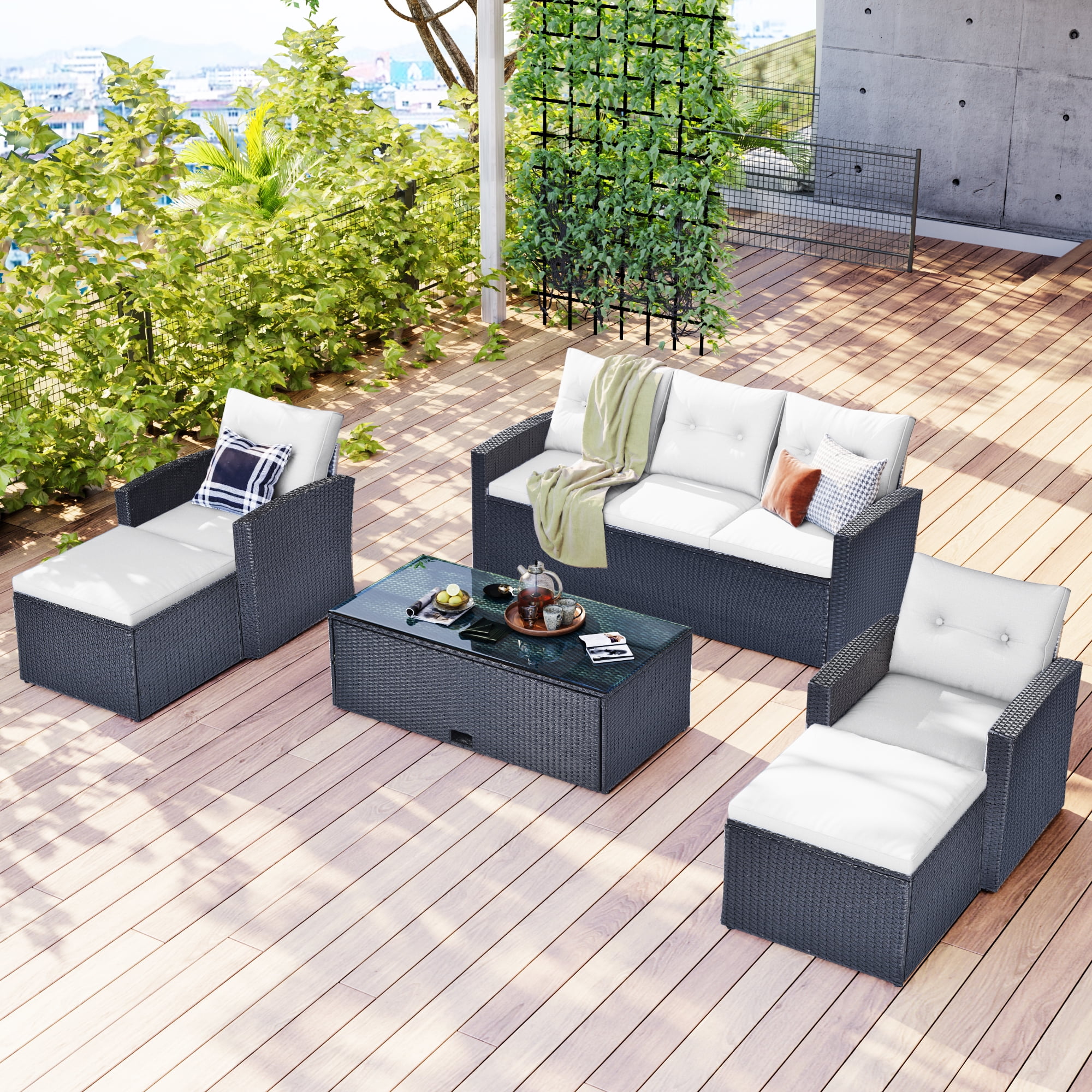 6-Piece Black Steel Frame Outdoor Sectional Sofa Set with Beige Cushions