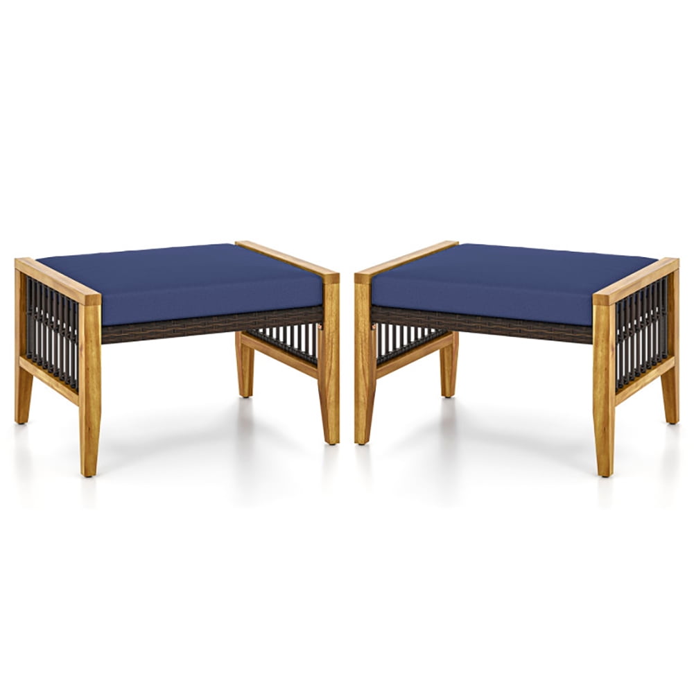 Canddidliike Patio Acacia Wood Ottomans with Cushions and Versatile Rattan Woven Footstools-Navy ...