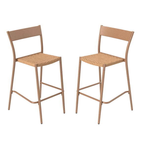 Canddidliike Patio Barstools Set of 2 with Rattan Seat and Metal Backrest, Seating & Patio Chair for Outdoor, Light Brown