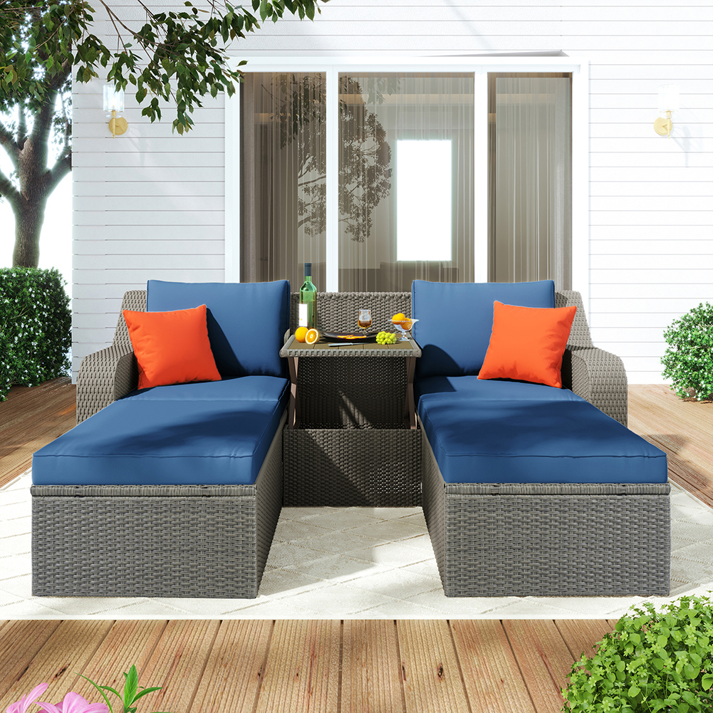 Canddidliike Patio Double Chaise Lounge Sectional Sofa with Lift Top Side Table, Blue Cushions Brown Wicker - image 1 of 8