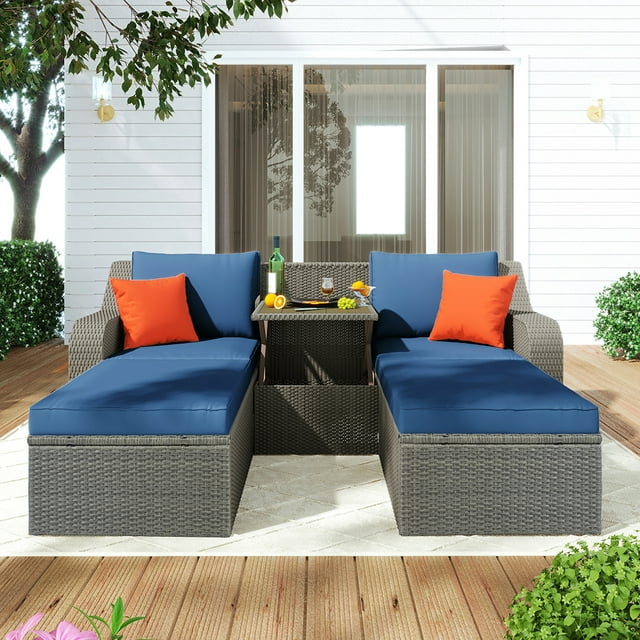 Canddidliike Patio Double Chaise Lounge Sectional Sofa with Lift Top Side Table, Blue Cushions Brown Wicker