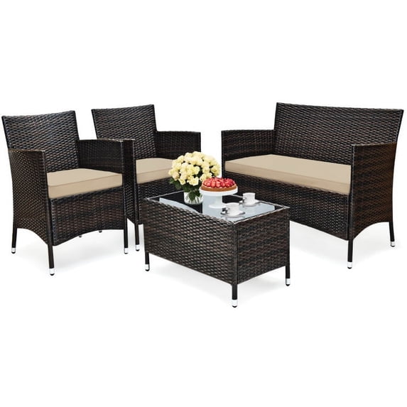 Canddidliike Patio Furniture 4 Pieces Comfortable Outdoor Rattan Sofa Set, Outdoor Wicker Rattan Chairs Garden Backyard Balcony Porch Poolside loveseat with Glass Coffee Table-Beige & Red