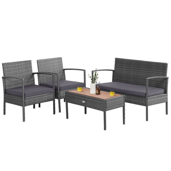 Canddidliike Patio Furniture 4 Pieces Patio Rattan Cushioned Furniture Set, Outdoor Wicker Rattan Chairs Garden Backyard Balcony Porch Poolside loveseat with Wooden Tabletop