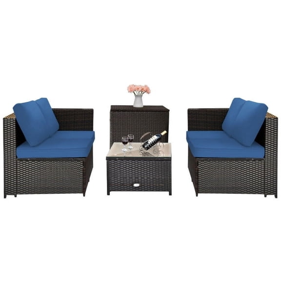 Canddidliike Patio Furniture Sets, 4 Pieces Outdoor Patio Rattan Furniture Set with Cushioned Loveseat and Storage Box-Navy, Wicker Sofa Small Patio Conversation Couch for Garden, Poolside