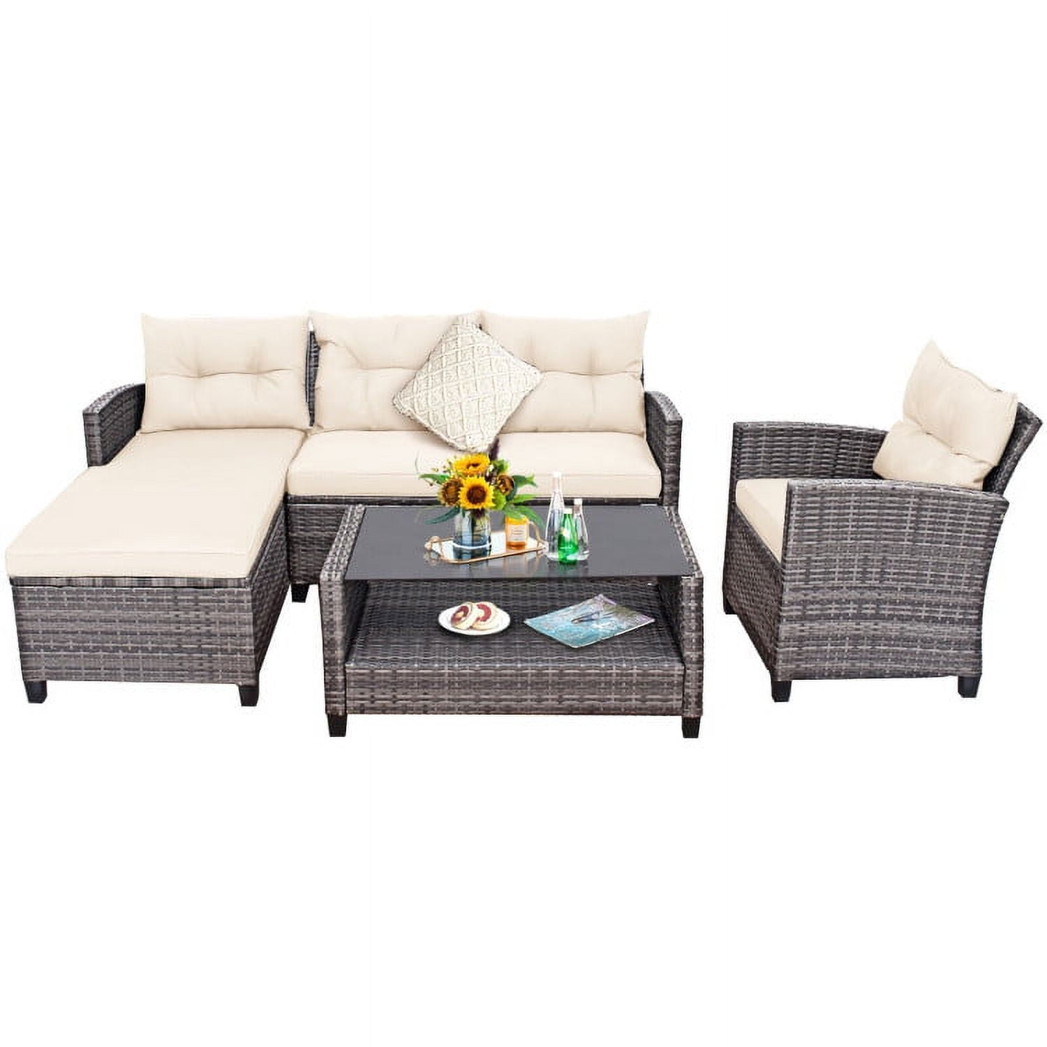 Off-White 5-Person PE Rattan Patio Furniture Set with Cushions and Glass Table