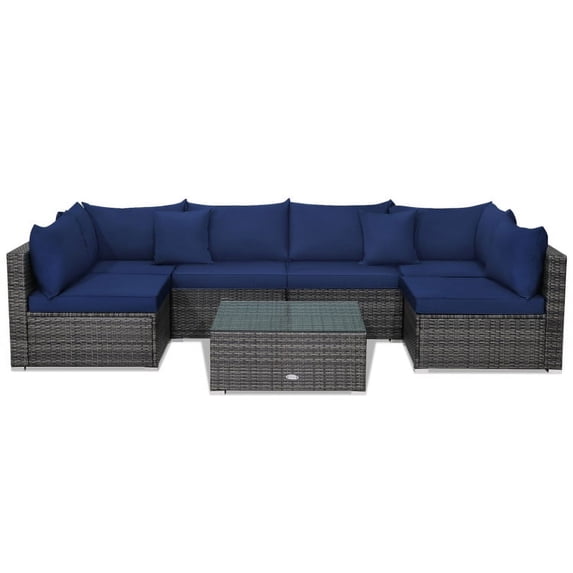 Canddidliike Patio Furniture Sets, 7 Pieces Patio Rattan Furniture Set Sectional Sofa Garden Cushion-Navy, Wicker Sofa Small Patio Conversation Couch for Garden, Poolside