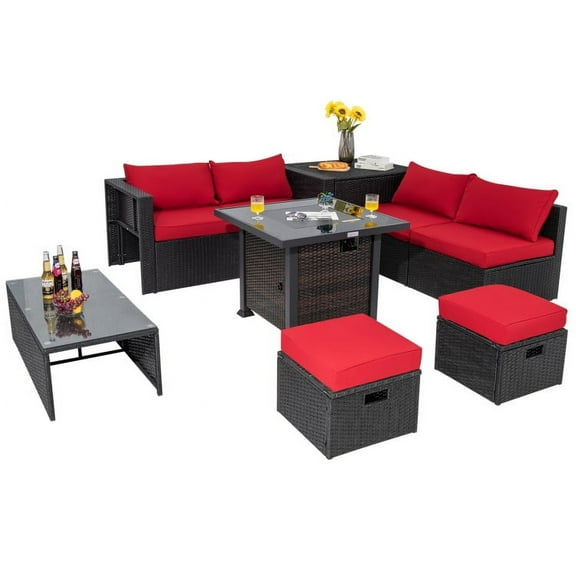 Canddidliike Patio Furniture Sets, 9 Pieces Patio Furniture Set with 32” Fire Pit Table and 50000 BTU Square Propane Fire Pit-Red, Wicker Sofa Small Patio Conversation Couch for Garden, Poolside