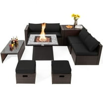 Canddidliike Patio Furniture Sets, 9 Pieces Patio PE Wicker Sectional Set with 50000 BTU Fire Pit Table-Black, Wicker Sofa Small Patio Conversation Couch for Garden, Poolside