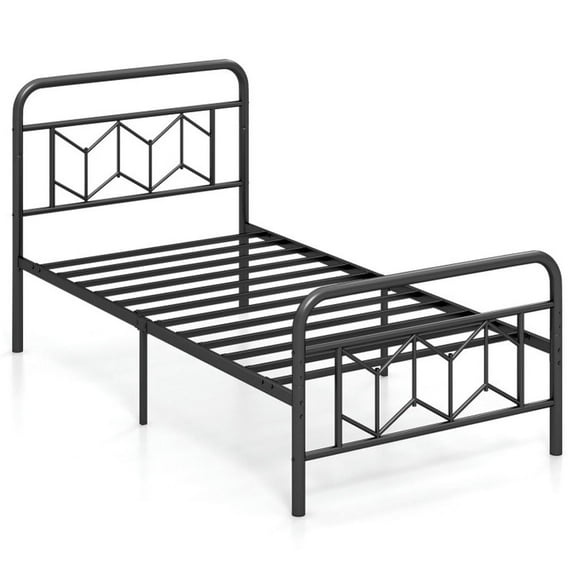 Canddidliike Platform Bed with High Headboard and Snap Lock Metal Slats, Twin Size, Simple Bed Frame for Bedroom, Black