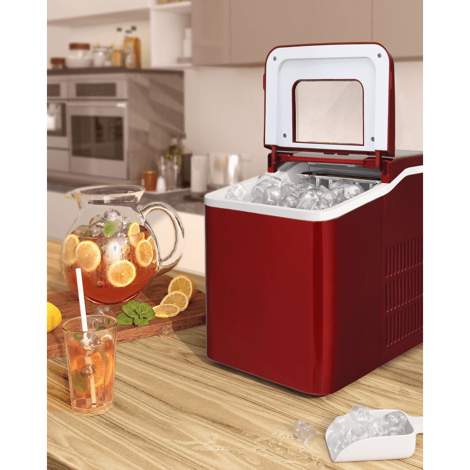 Canddidliike Portable Countertop Ice Maker Machine with Scoop-Red, Electric Portable Compact Countertop Automatic Ice Cube Maker Machine for Home/Kitchen/Office