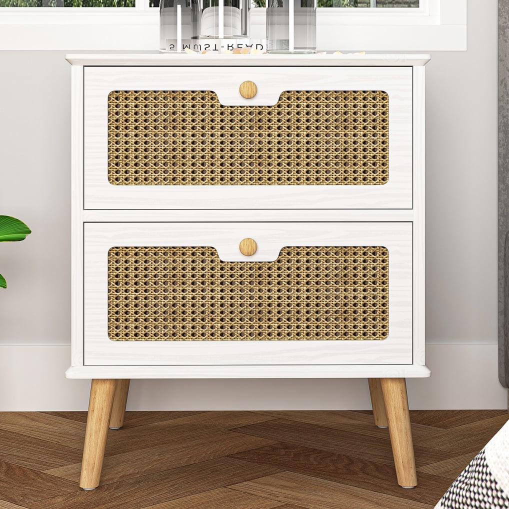 Canddidliike Rattan Nightstand, End Table with 2 Rattan Decorated Drawers and Solid Wood Legs, Wood Accent Table with Storage for Bedroom, Living Room, White Canddidliike Rattan Nightstand, End Table with 2 Rattan Decorated Drawers and Solid Wood Legs, Wood Accent Table with Storage for Bedroom, Living Room, White