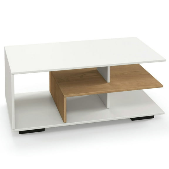 Canddidliike Rectangular Coffee Table with L-shaped Middle Shelf-White, Tea Table