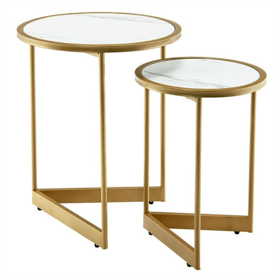 Canddidliike Round Nesting Table Set of 2 with Marble-like Tabletop-White, Dining Coffee Table for Living Room and Office