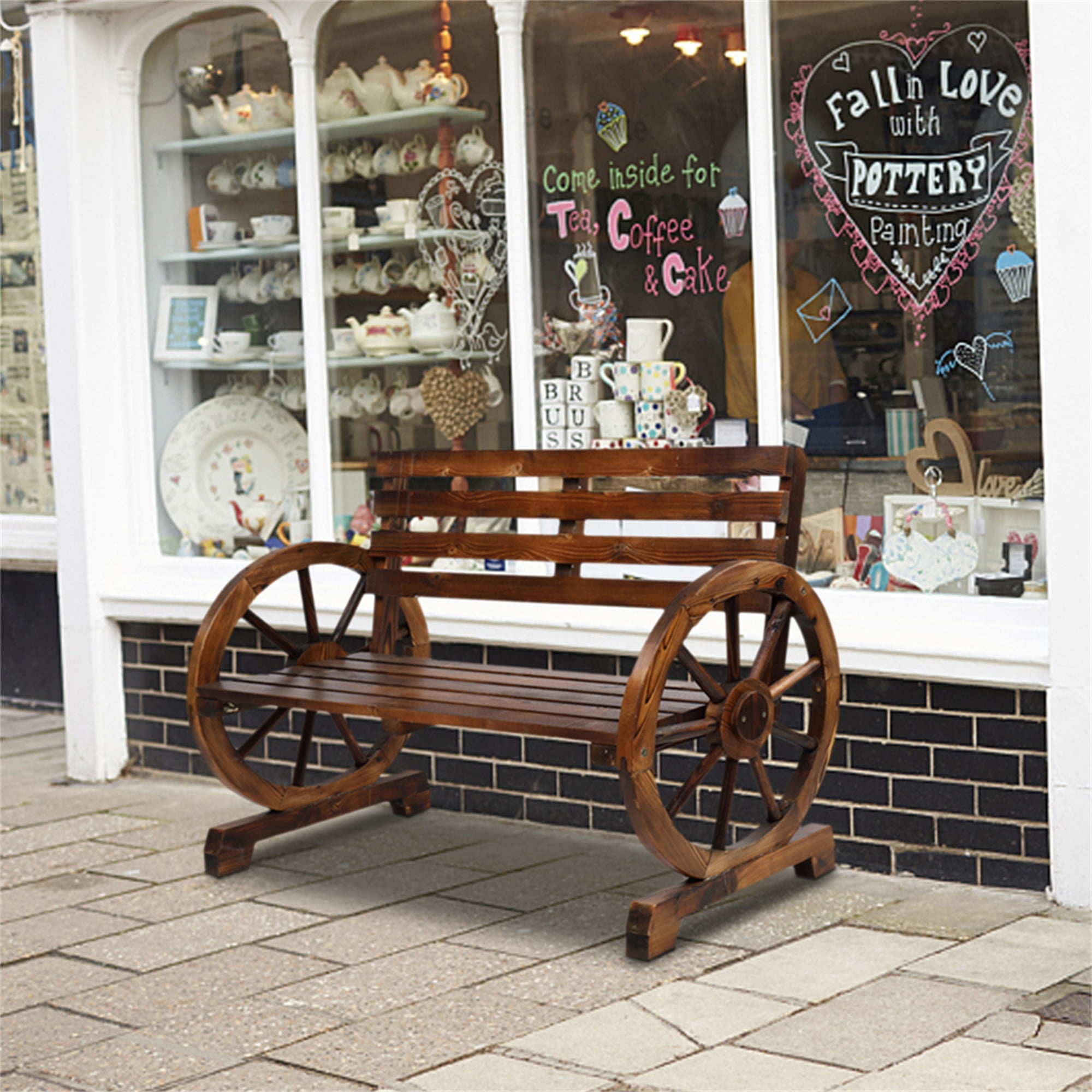 Rustic Brown Fir Wood Wagon Wheel 2-Person Bench