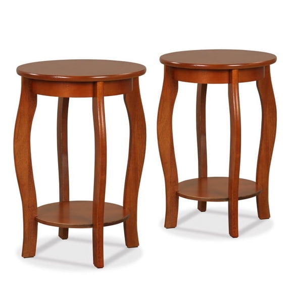 Canddidliike Set of 2 15 Inch 2-Tier Round End Table with Storage Shelf-Walnut, Modern Nightstand, End Table for Bedroom Living Room