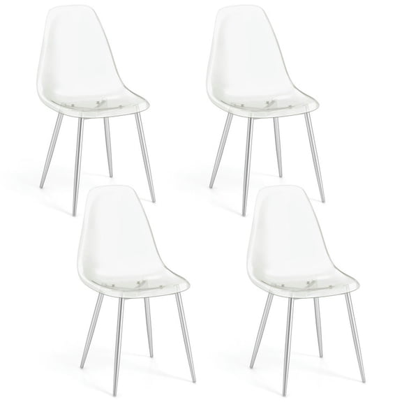 Canddidliike Set of 4 Dining Chairs Modern Plastic Shell Side Chair with Clear Seat and Wood Legs-Silver,
