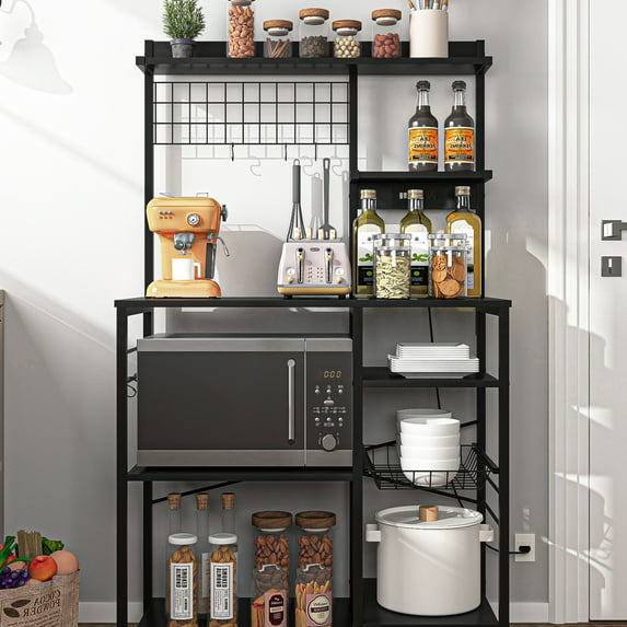 Canddidliike Standing Kitchen Storage Rack, Bakers Rack with Power Outlet, Microwave Stand, Kitchen Storage Shelf with Wire Basket with Wine Glass Holder, Pots, Pans, Black