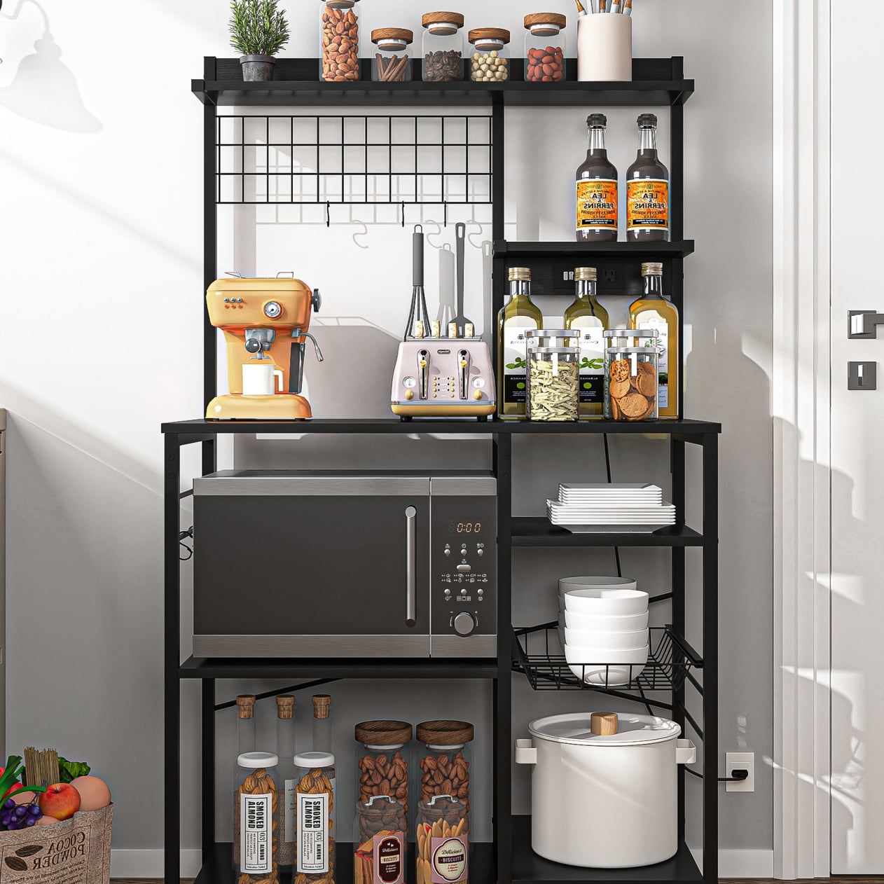 Canddidliike Standing Kitchen Storage Rack, Bakers Rack with Power Outlet, Microwave Stand, Kitchen Storage Shelf with Wire Basket with Wine Glass Holder, Pots, Pans, Black Canddidliike Standing Kitchen Storage Rack, Bakers Rack with Power Outlet, Microwave Stand, Kitchen Storage Shelf with Wire Basket with Wine Glass Holder, Pots, Pans, Black
