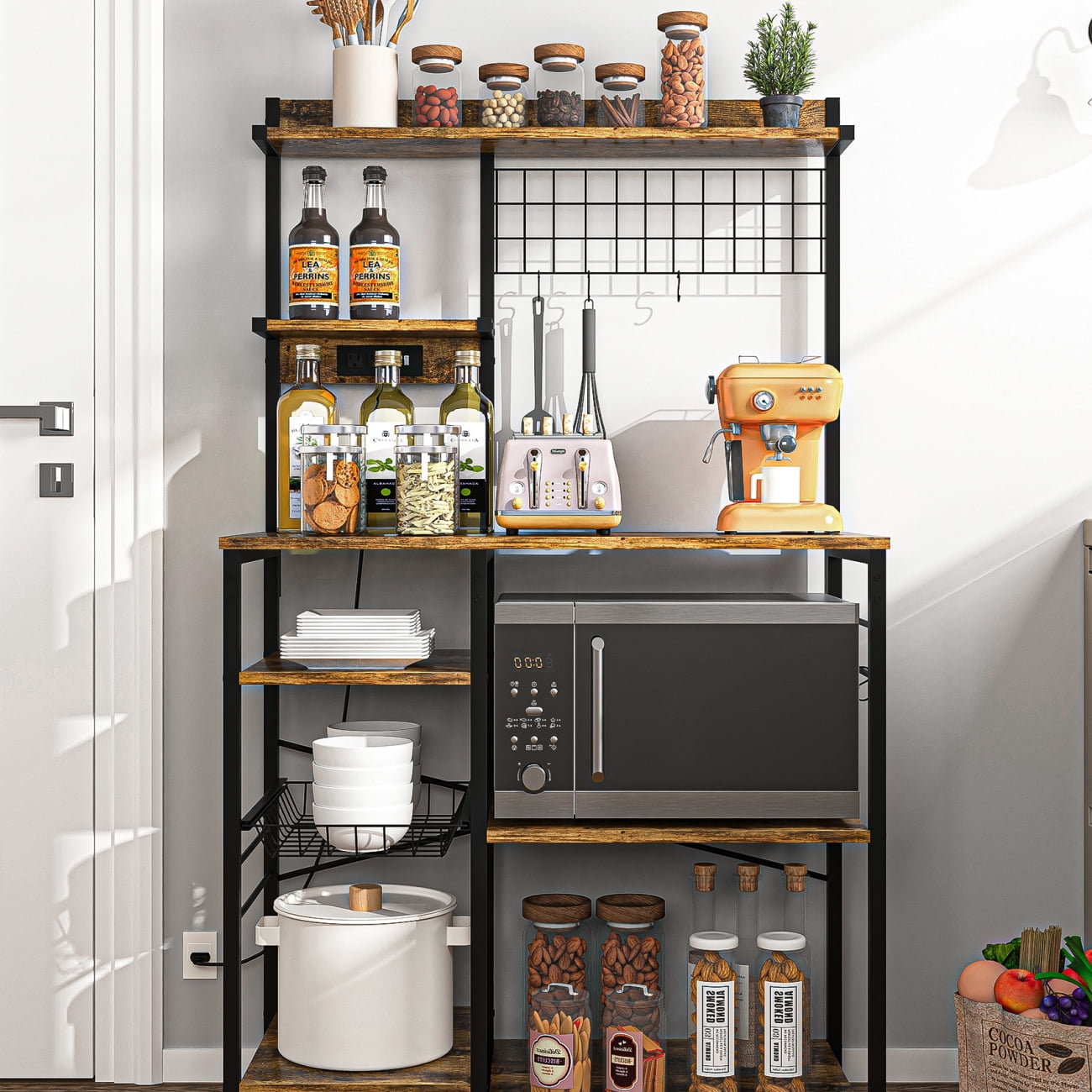Canddidliike Standing Kitchen Storage Rack, Bakers Rack with Power Outlet, Microwave Stand, Kitchen Storage Shelf with Wire Basket with Wine Glass Holder, Pots, Pans, Rustic Brown Canddidliike Standing Kitchen Storage Rack, Bakers Rack with Power Outlet, Microwave Stand, Kitchen Storage Shelf with Wire Basket with Wine Glass Holder, Pots, Pans, Rustic Brown
