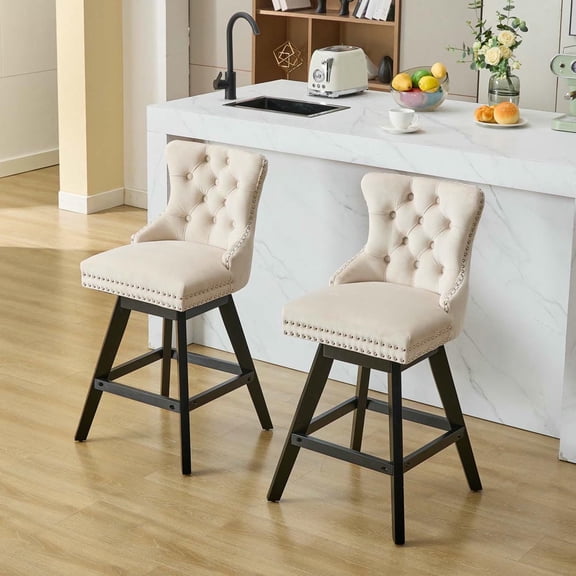 Canddidliike Swivel Velvet Barstools with Button Tufted Decoration and Wooden Legs, Leisure Style Bar Chairs, Bar stools Set of 2, Beige