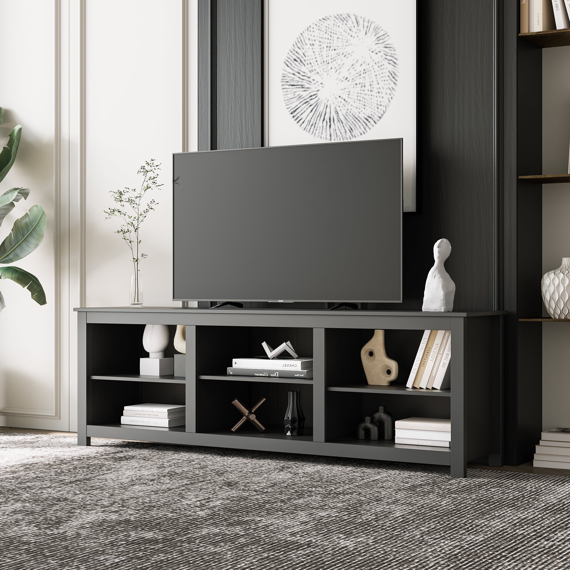 Canddidliike TV Stand for TV up to 80 inches Entertainment Center with 6 Storage Shelf for Living Room Black Walmart