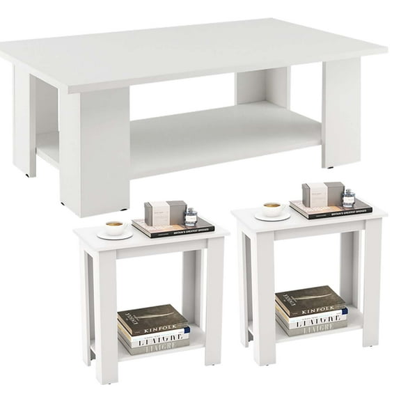 Canddidliike Table Set of 3, Table Set of 36 Inch Wooden Modern Coffee Table and Modern Compact End Table, 2-Tier Modern Compact End Table with Storage Shelf, Table Set for Indoor, White