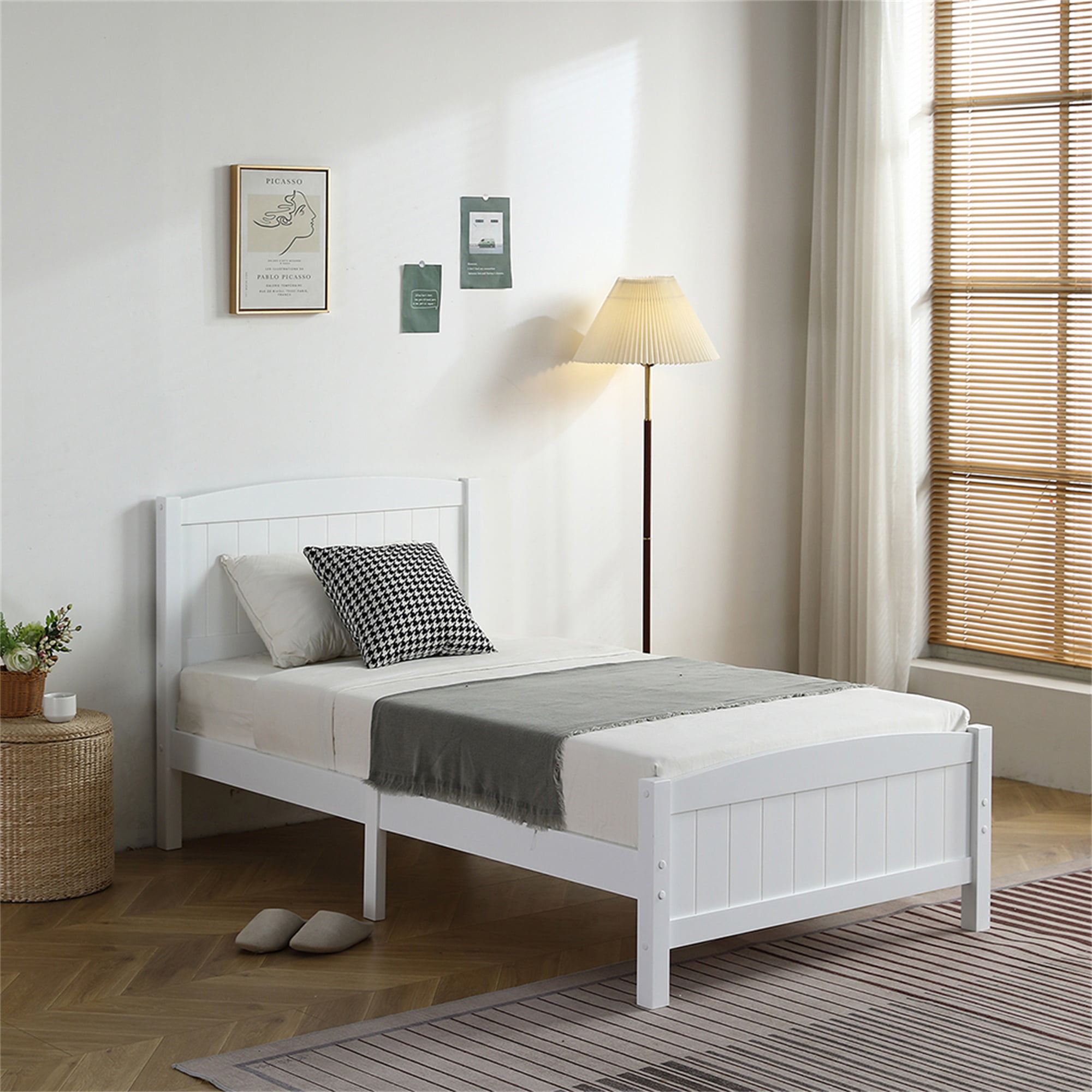 Canddidliike Twin Bed White Wooden Single Bed Frame Easy to Assemble Crafted from Solid Pine Wood with Tall Headboard