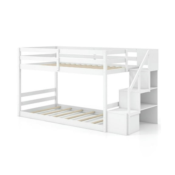 Canddidliike Twin Over Twin Low Bunk Bed with Storage Stairs Solid Wood Floor Bunk Bed Frame, Bunk Bed Frame for Bedroom, White