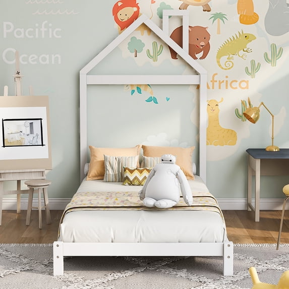 Canddidliike Twin size Wood Platform Bed with House-shaped Headboard - White