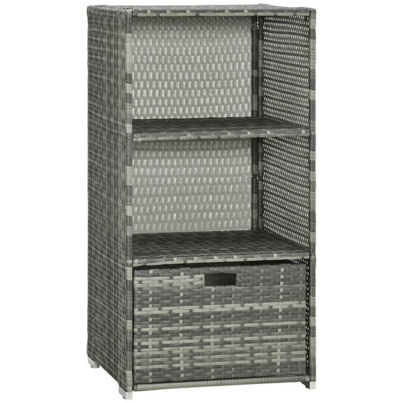 Canddidliike Valet Pool Towel Rack, Waterproof PE Plastic Rattan Wicker Storage Organizer, Hot Tub Accessory Storage, 2 Shelves, 1 Basket Drawer, Towel Rack for Outdoor as Patio, Gray