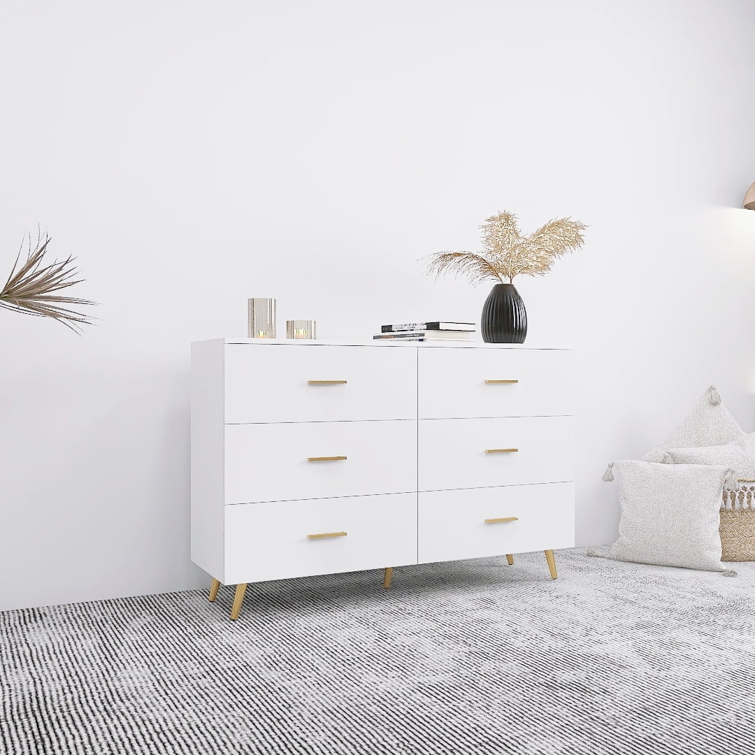 Canddidliike White Dresser for Bedroom, 6 Drawer Dresser with Golden Handle and Golden Steel Legs Modern Vanity for Bedroom Living Room Hallway