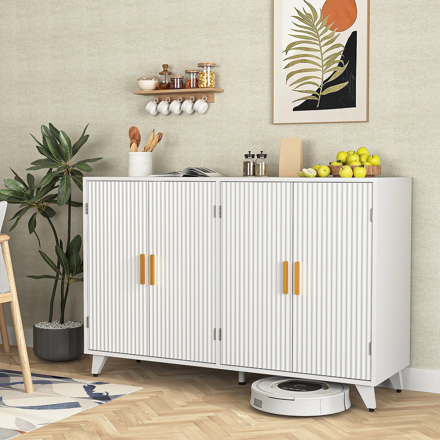 Canddidliike White Storage Cabinet, 4 Doors, Elegant Design