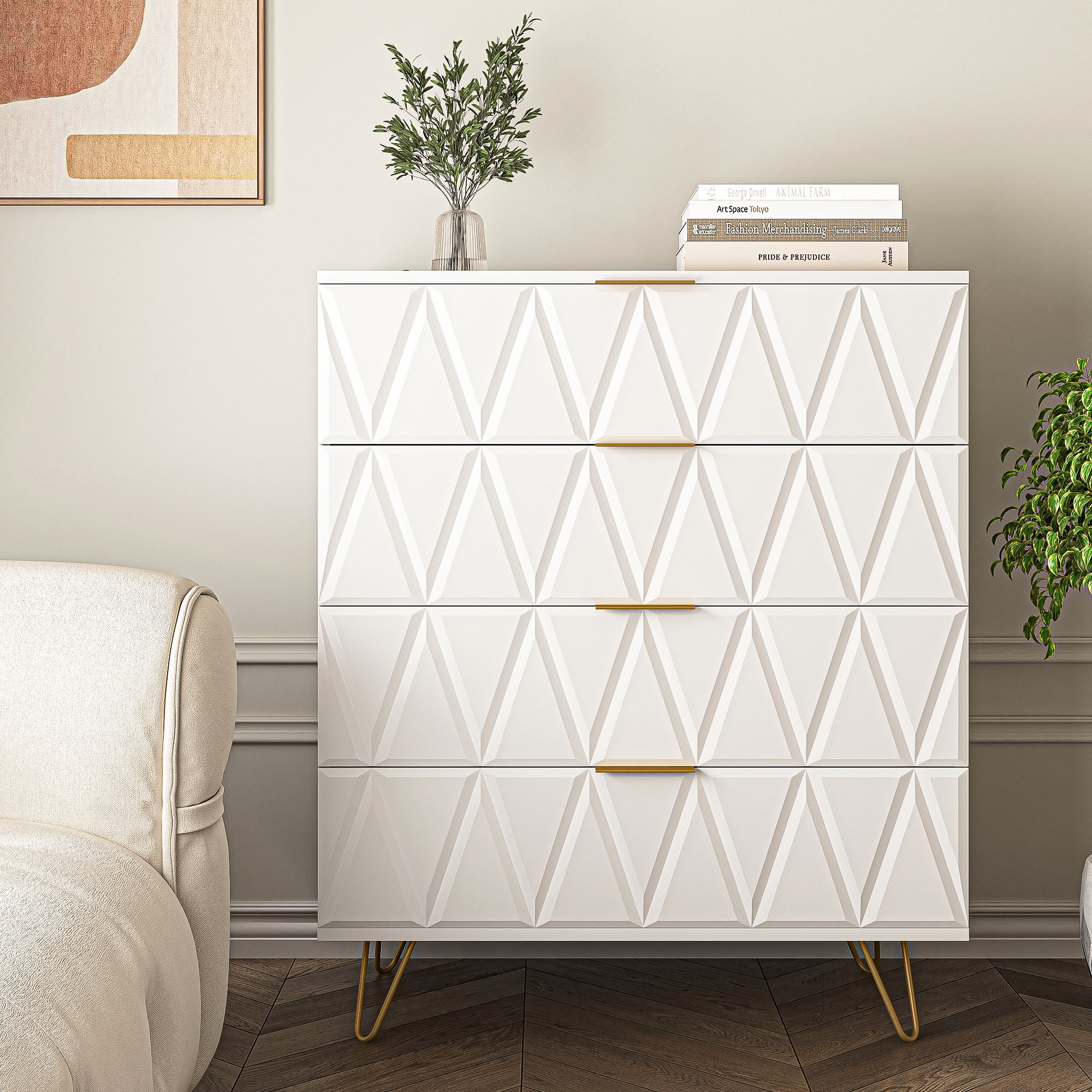 Canddidliike Wood Chest of Drawers with Gold Metal Handles, 4 Drawer White Dresser for Bedroom Closet Hallway Canddidliike Wood Chest of Drawers with Gold Metal Handles, 4 Drawer White Dresser for Bedroom Closet Hallway
