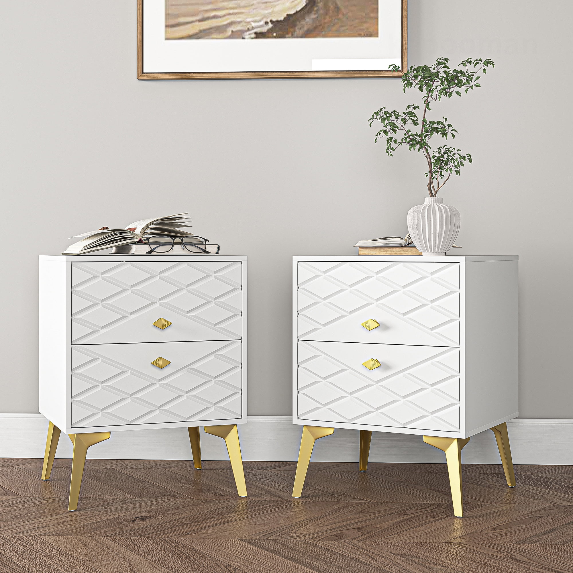Canddidliike Wooden Set of 2 Night Stands for Bedroom, Modern Drawer Chest with Metal Frame, White Canddidliike Wooden Set of 2 Night Stands for Bedroom, Modern Drawer Chest with Metal Frame, White