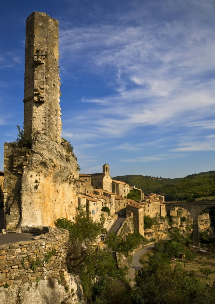 Candela - The remaining tower of the Cather Fortresswith the gorgw and bridge beyond Minerve Languedoc-Roussillon France Canvas Art - George Munday Design Pics (13 x 18)